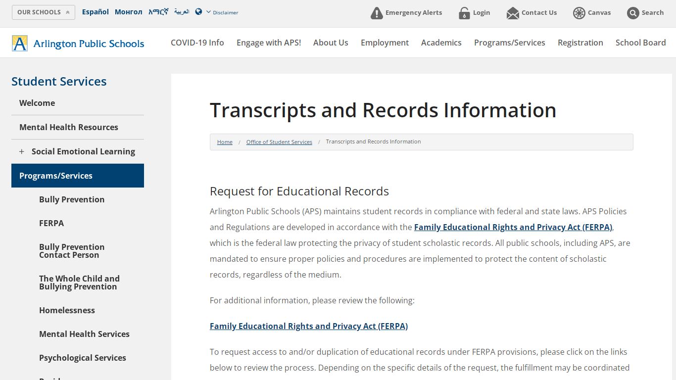 Transcripts and Records Information - Arlington Public Schools